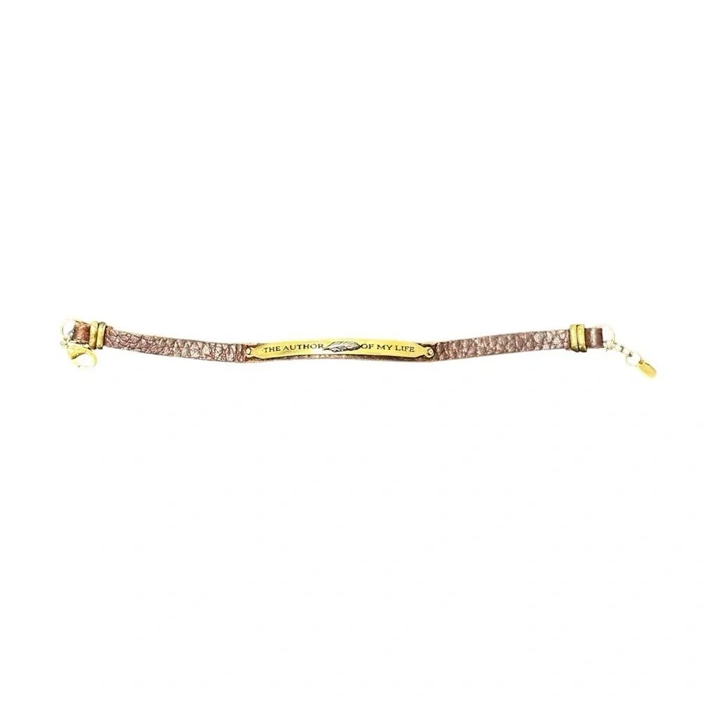 Brown Leather Bracelet with Gold Plate – “Author of My Life” Adjustable